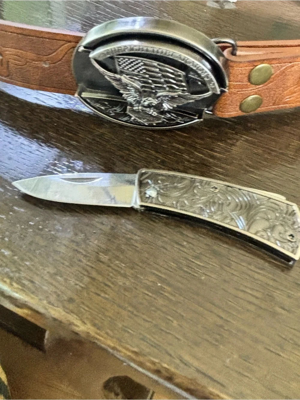Western Silver Eagle Belt Buckle With Hidden utility knife